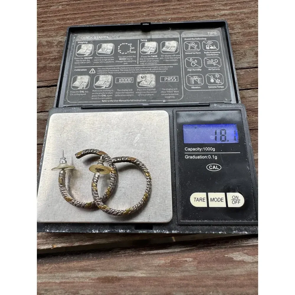 Vintage Sterling Silver and Brass Hoop Earrings 18 Grams Laton Mexico